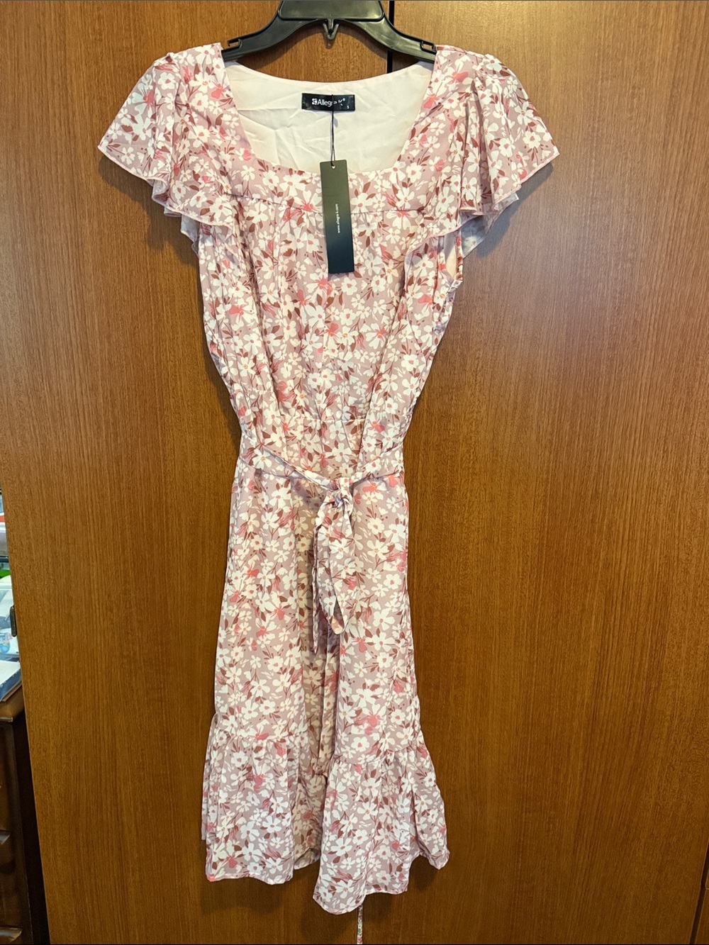 NWT Allegra K Lavendar Pink and White Floral Tie-Waist Midi Dress
